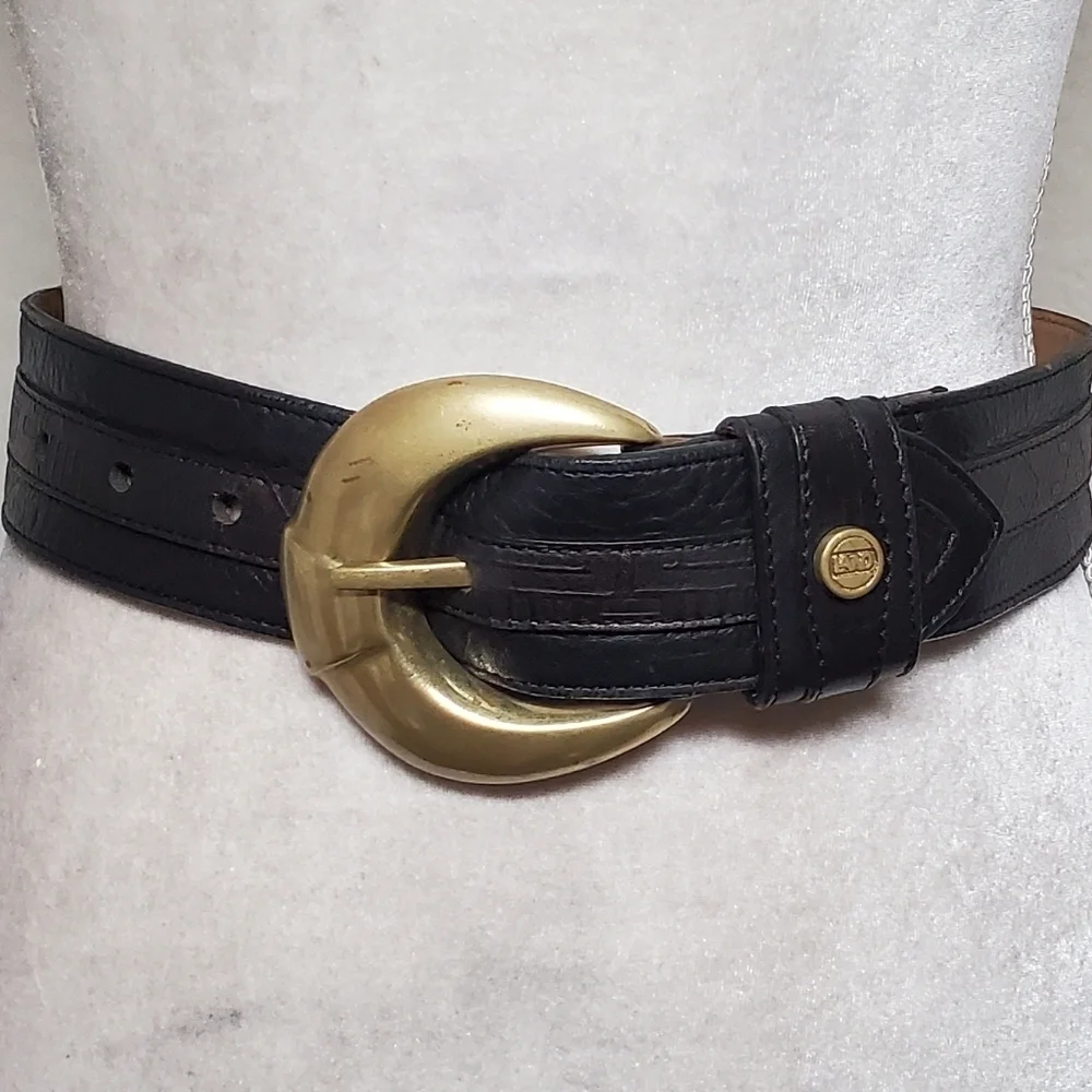 70s Vintage Land Black Copper Aztec Leather Brass Buckle Boho Statement Belt S